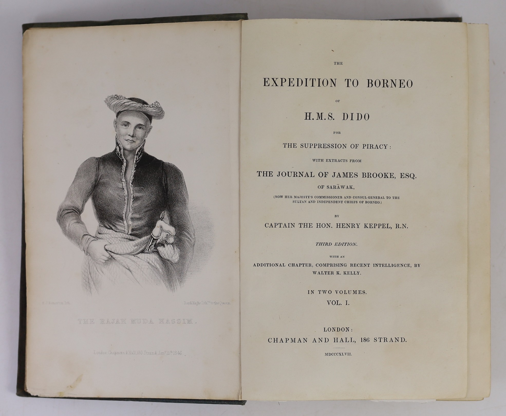 Keppel, Henry,Sir - The Expedition to Borneo of H.M.S Dido, 3rd edition, 2 vols, 8vo, original cloth, with 2 frontises, 8 plates and 6 folded maps, pencil fly leaf inscribed ‘’This copy belonged to Admiral C.B. Bonham [1